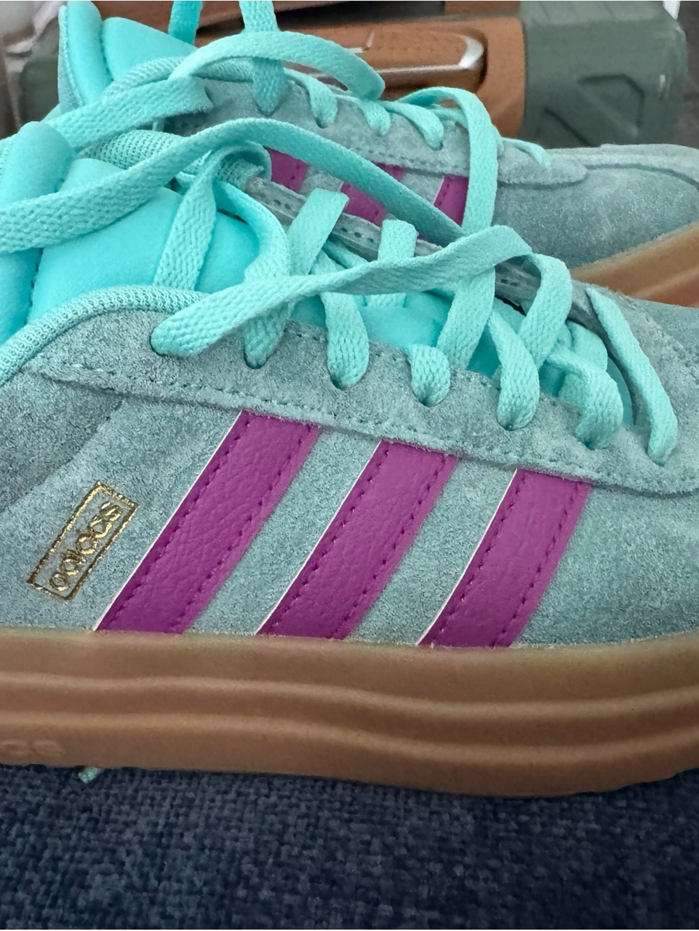 adidas Kids Suede Sneakers in Teal and Magenta with Gum Sole